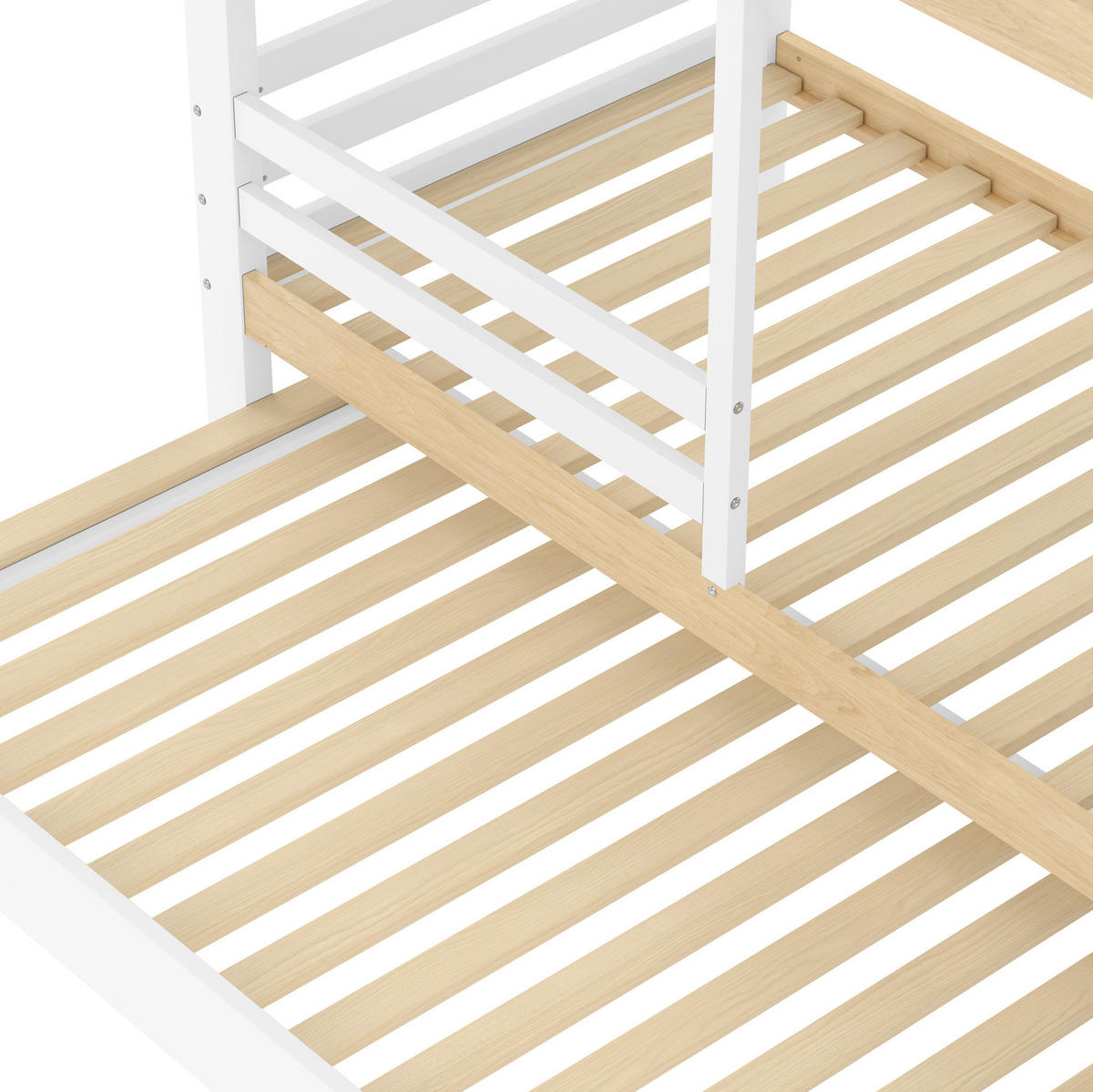 ETAGENBETT aus Kiefernholz 90x200 cm Weiß/Natur mit Ausziehbett, Stauraumtreppe und Sicherheitsgeländer - Weiß, Holz (90/200cm) - Modfu