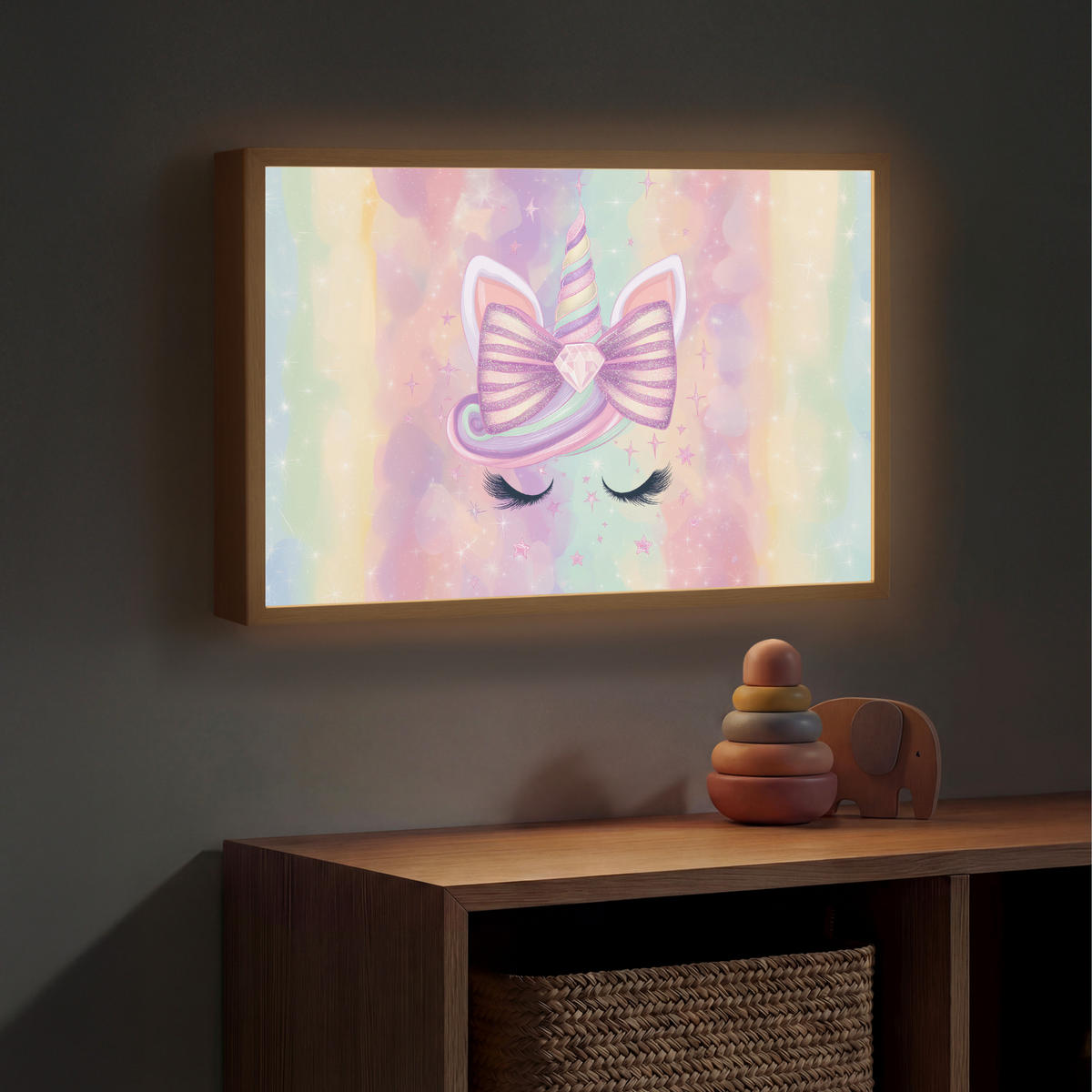 DOBÍJECÍ NOČNÍ LAMPIČKA Jednorožec - Třpytky - Duha - Pastelové barvy 60x40 cm - světle růžová, kompozitní dřevo (8/60/40cm) - OnlyWow