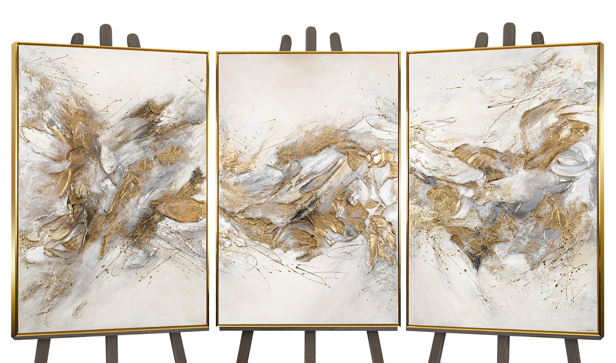 GEMÄLDE Funkelnde Schattierungen Schattenfugenrahmen Gold 300x140 3-teilig - Goldfarben, Holz (300/140cm) - YS-art gallery