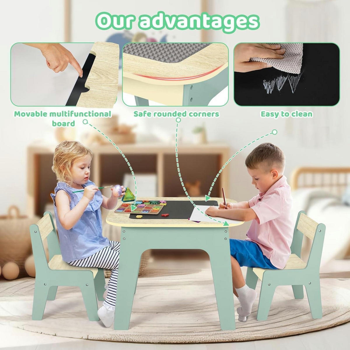 KINDERTISCH mit 2 Stühlen 4-in-1 Multifunktion Grün - Hellgrün, Holzwerkstoff (50/49/54cm)