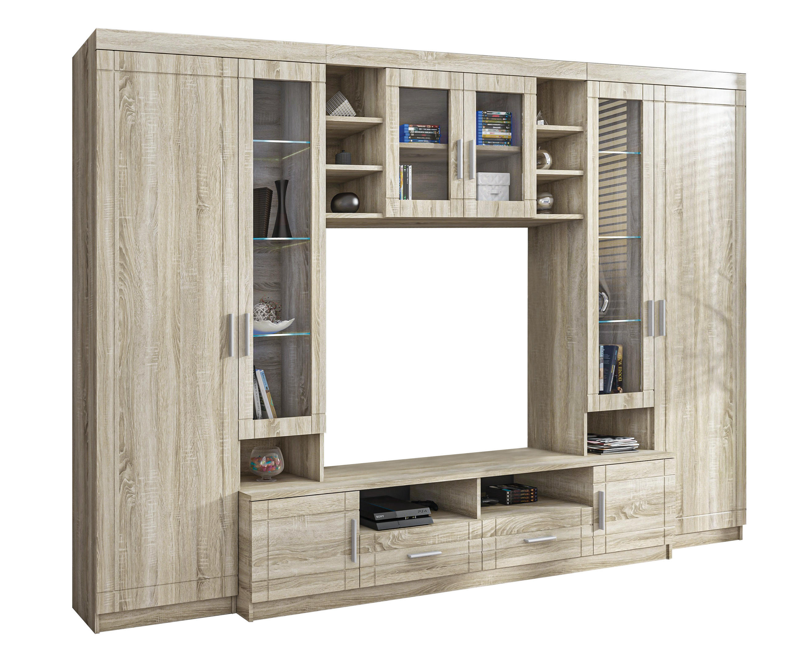 WOHNWAND Parisca Sonoma Eiche 340/198/44 cm Klassische mit viel Stauraum - Beige, Holzwerkstoff/Kunststoff (340/198/44cm) - AX Living