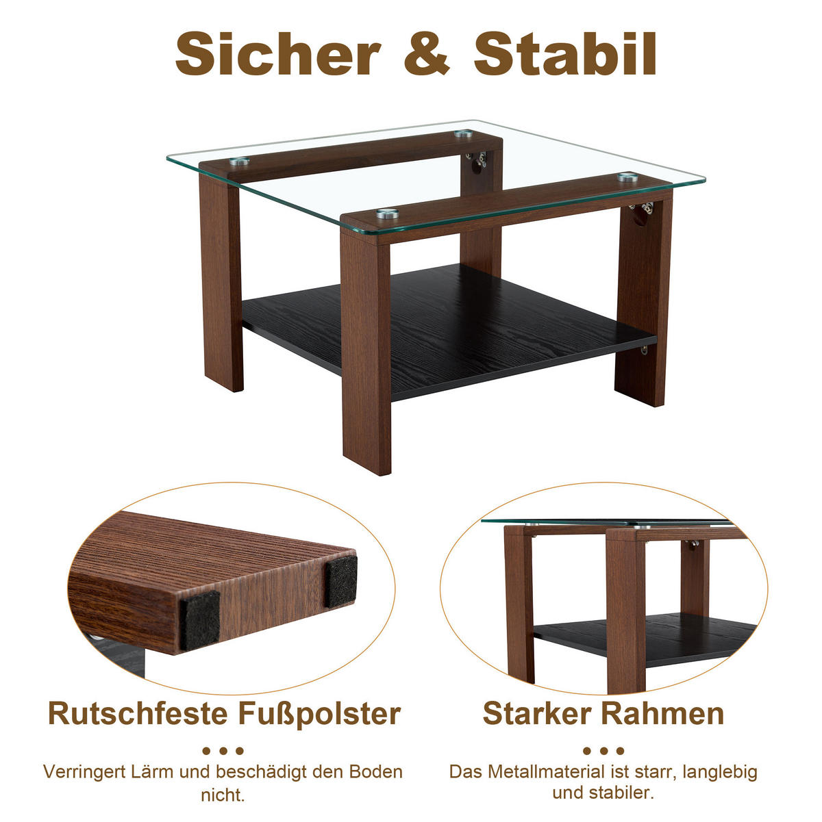 COUCHTISCH 65/41/45.5 cm in Walnuss aus MDF und Glas mit Stauraum - Walnussfarben, Holzwerkstoff (75/75/45.5cm) - OKMYHOME
