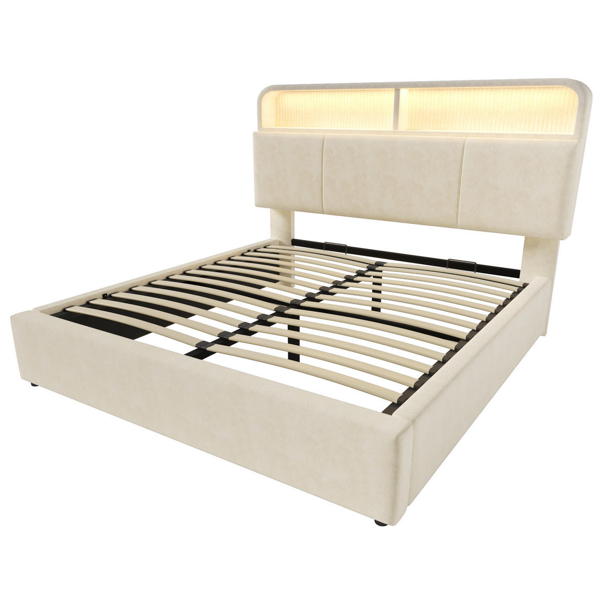POLSTERBETT aus Samt 140x200 cm in Beige mit LED & USB-C Ladestation - Beige, Textil (140/200cm) - Modfu