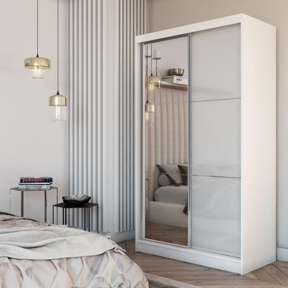 SCHWEBETÜRENSCHRANK VITALE 120/216/61 cm 2-türig mit Spiegel Weiß - Weiß, Holzwerkstoff (120/216/61cm) - MASSENO