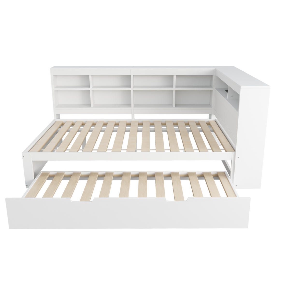 HOLZBETT 140/200 cm in Weiß mit Ausziehbett und USB-Anschluss - Weiß, Holz (140/200cm) - BEAOK