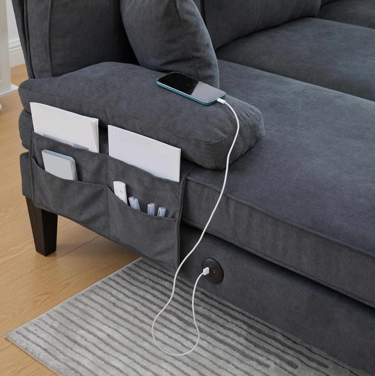 WOHNLANDSCHAFT aus Leinenstoff 250x130x88 cm in Dunkelgrau mit USB/Type-C - Dunkelgrau, Textil (130/88/250cm) - Modfu