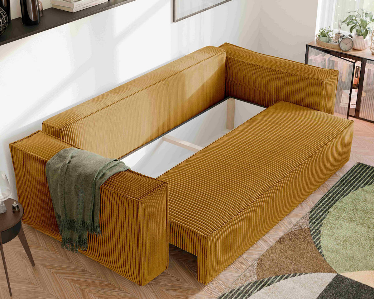 SOFA mit Schlaffunktion und Bettkasten, Senfgelb - Gelb, Holzwerkstoff/Textil (240/84/105cm) - Idohome