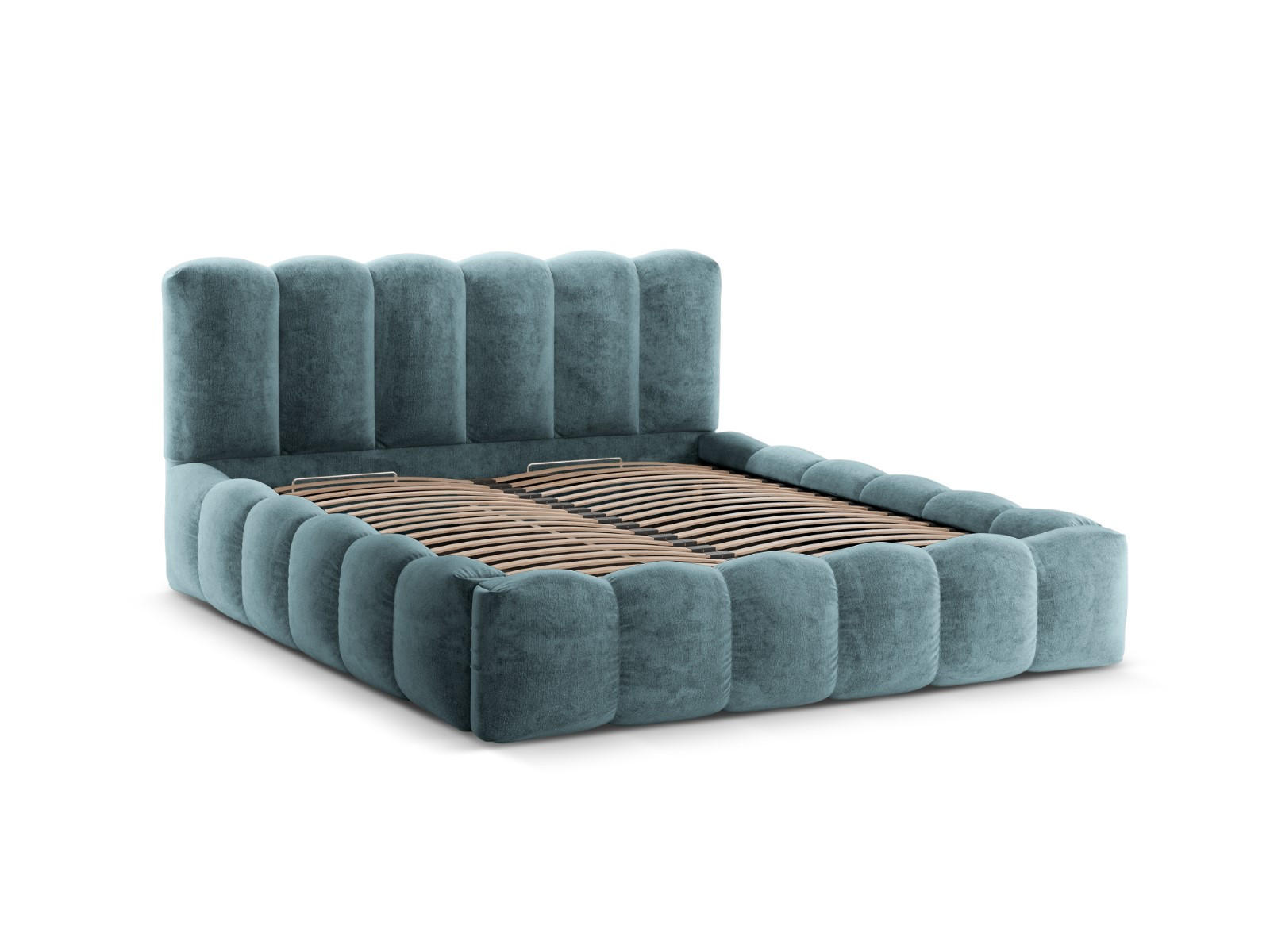 BETT mit Bettkasten und Kopfteil Lupine aus Chenille-Stoff blue jeans 180x200cm - Blau, Textil (180/200cm) - Micadoni