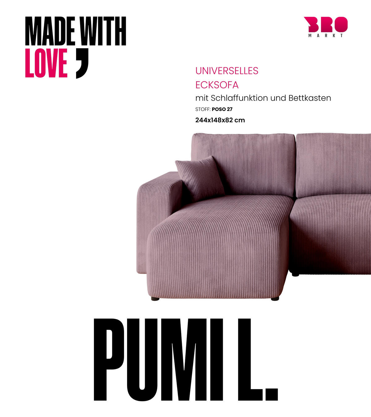 ECKSOFA PUMI mit Schlaffunktion Puderrosa Cord - Rosa, Textil (244/148cm) - Bromarkt