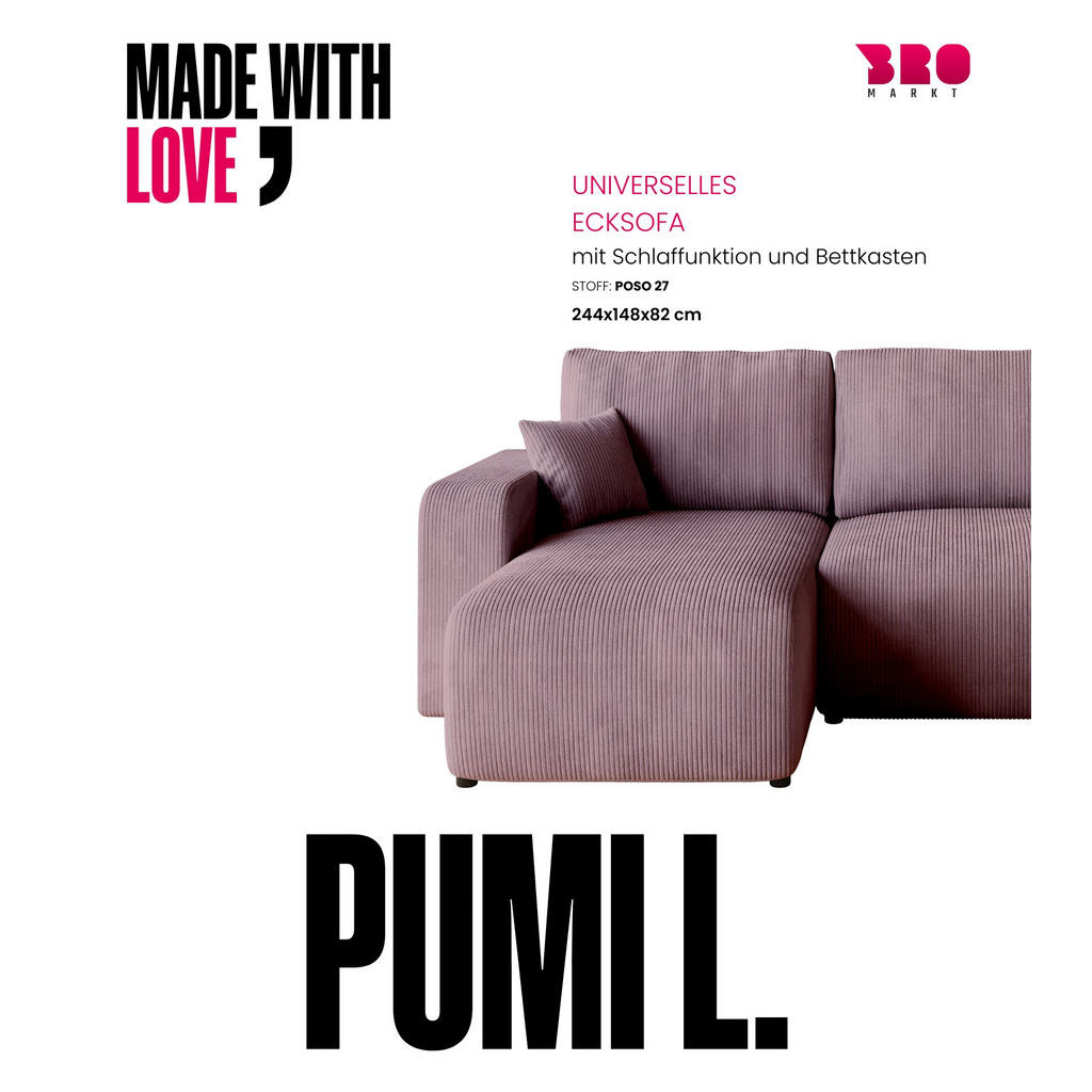 Thumbnail - Bromarkt Ecksofa, Rosa, Textil, 3-Sitzer, L-Form, 244x148 cm, Wohnzimmer, Sofas & Couches, Wohnlandschaften, Ecksofas