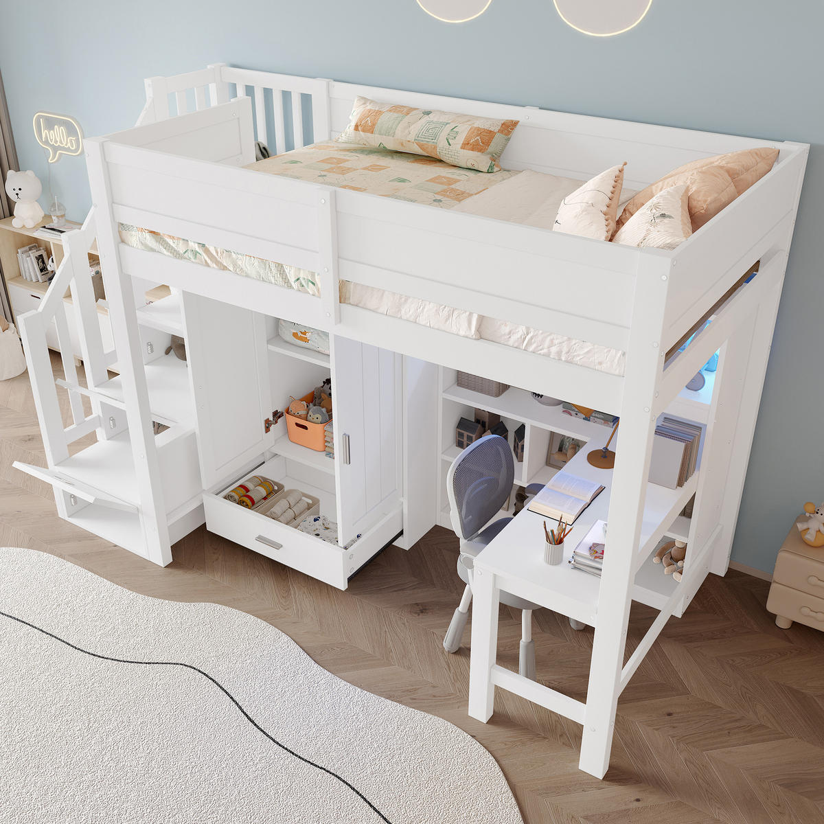 HOCHBETT 90/200 cm in Weiß mit Schreibtisch, Regal und LED - Weiß, Holz/Holzwerkstoff (90/200cm) - WISHDOR