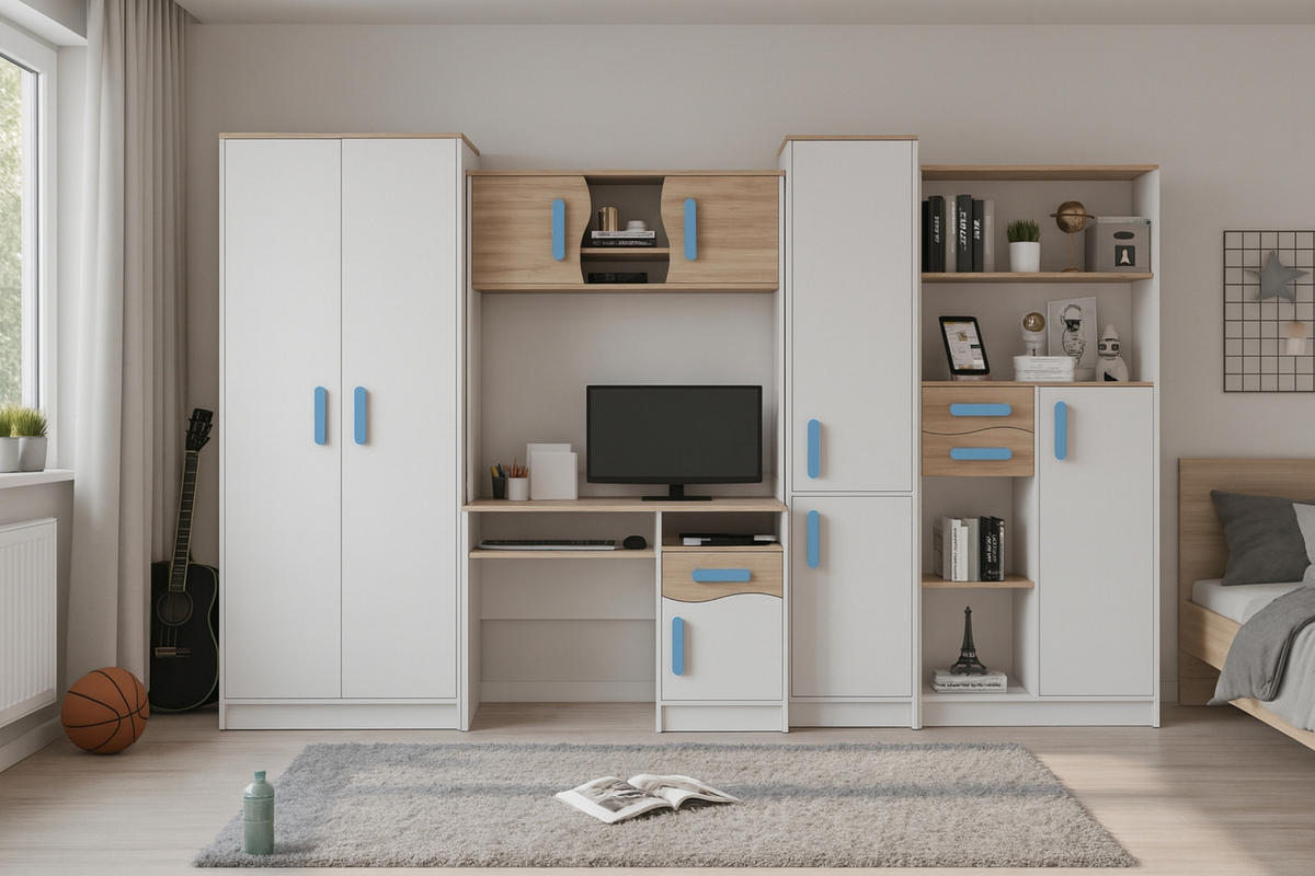 REGAL MIKI 05 Korpus Weiß | Griffe Blau - Blau/Weiß, Holz/Holzwerkstoff (80/187/33cm) - Deine Möbel 24