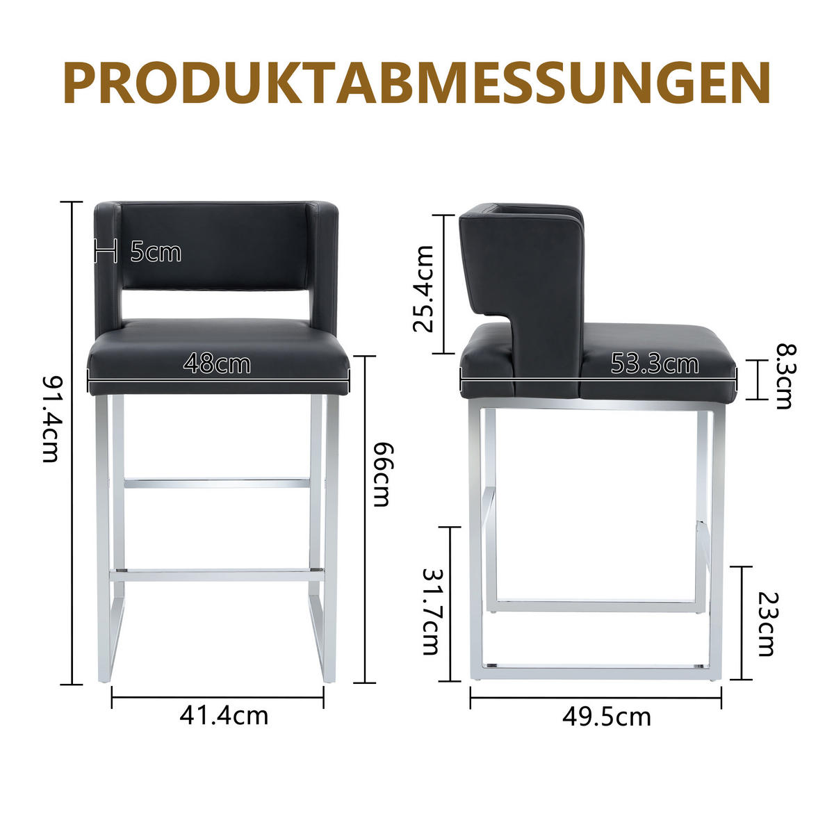 BARHOCKER 2er-Set Schwarz & Silber mit PU-Leder im quadratischen Design - Schwarz, Metall (48/91.4/53.3cm) - PANGIVO