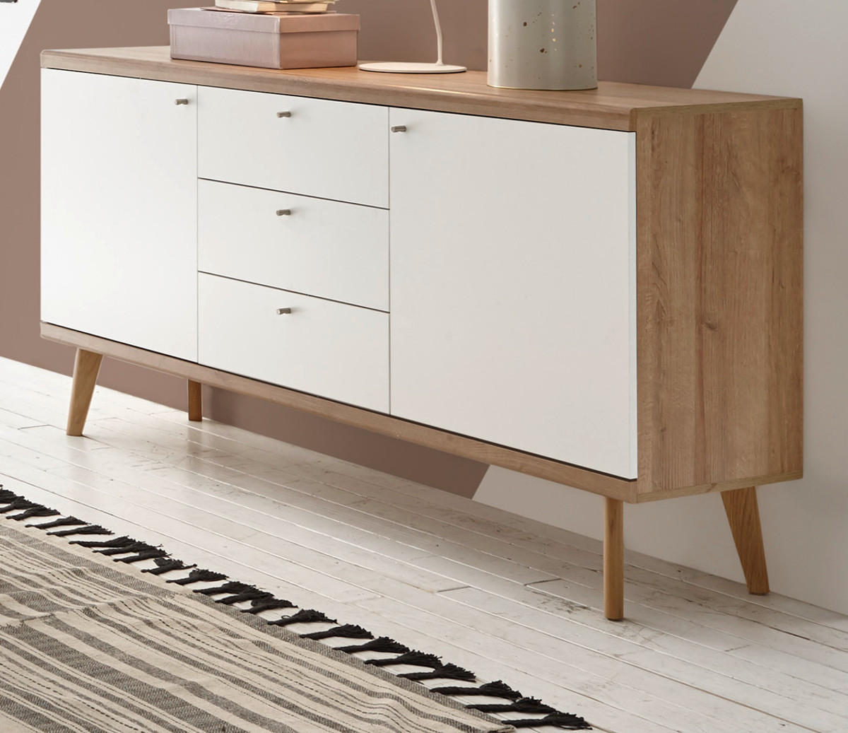 SIDEBOARD weiß, Eiche Riviera, Kommode skandinavisch, 160 x 83 cm - Eichefarben/Weiß, Holz/Holzwerkstoff (160/83/40cm) - Furn.Design