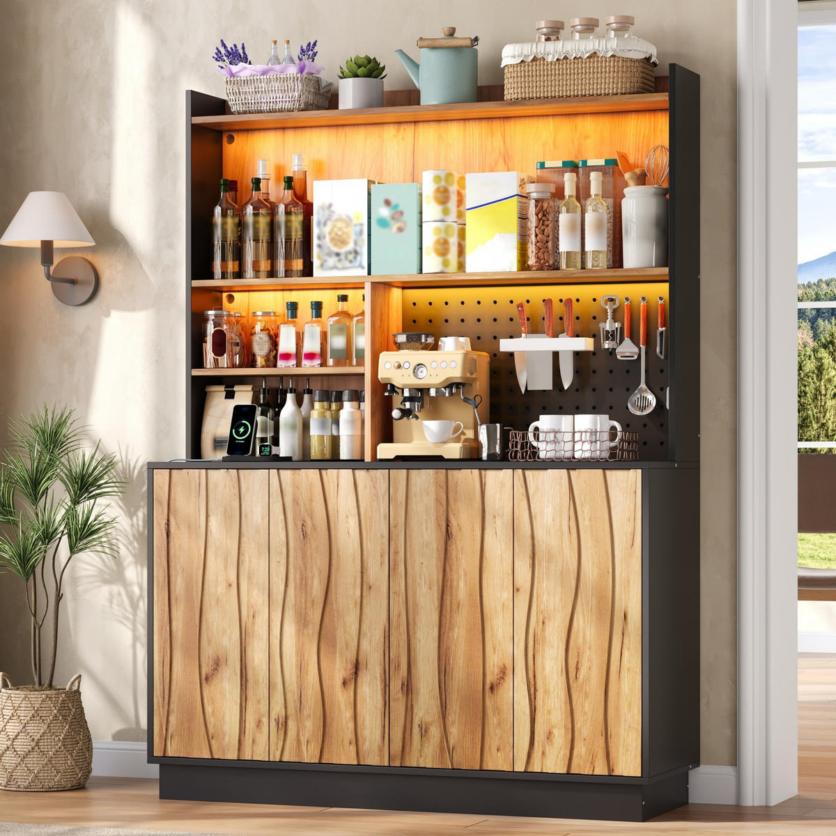 BUFFET DE-38743 120/43/160 cm LED-Beleuchtung und Lochwand Natur - Naturfarben, Holzwerkstoff (120/160/43cm) - ComfortXL
