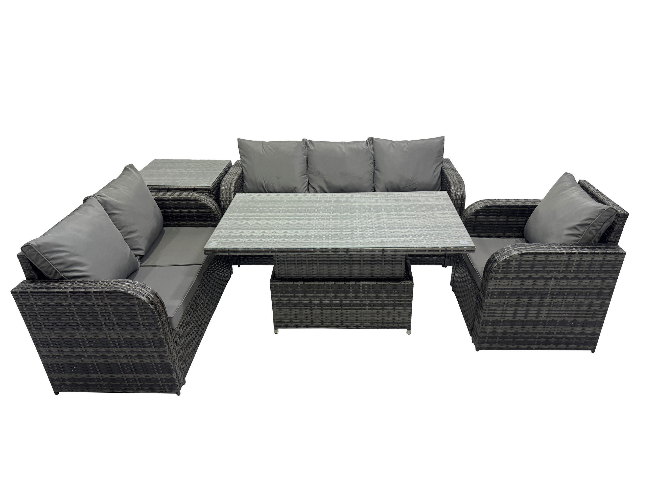 GARTENMÖBEL SET mit Höhenverstellbarer Esstisch 3-Sitzer Sofa 6-Sitzer Grau - Dunkelgrau/Grau, Glas/Kunststoff - Fimous