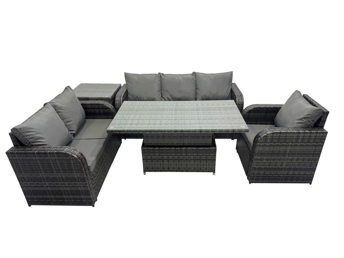GARTENMÖBEL SET mit Höhenverstellbarer Esstisch 3-Sitzer Sofa 6-Sitzer Grau - Dunkelgrau/Grau, Glas/Kunststoff - Fimous