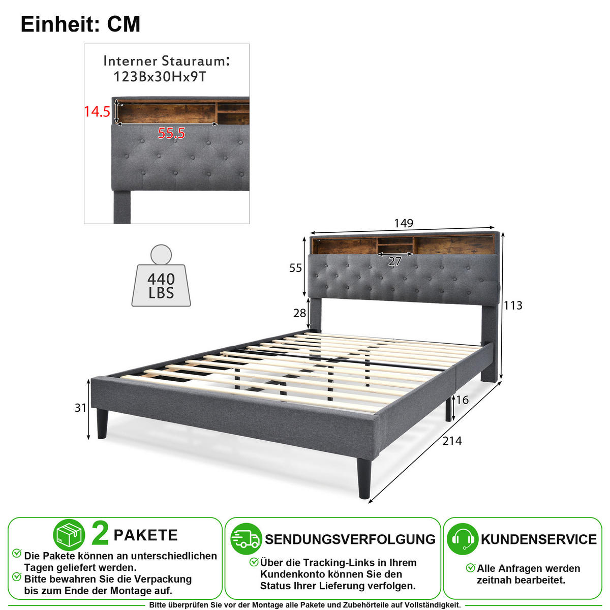 POLSTERBETT 140/200 cm in Grau mit Stauraum-Kopfteil, LED und Lattenrost - Grau, Holzwerkstoff/Textil (140/200cm) - CHICFURN
