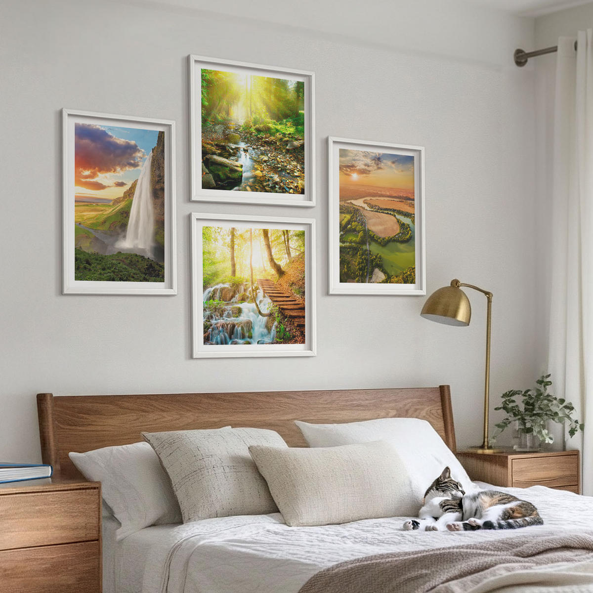 WANDBILDER 4er-Set - 50x50 cm & 40x60 cm Weißer Rahmen - Orange Mountain Wasserfall - Weiß, Kunststoff (50/50cm) - ArtPrintCave