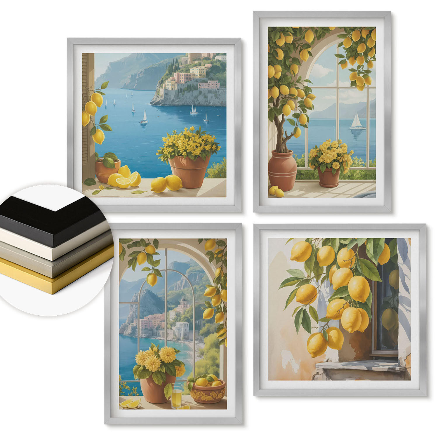 WANDBILDER 4er Set - 50x50 cm & 40x60 cm Silberner Rahmen - Meereslandschaften, Zitronen, Fenster - Silberfarben, Kunststoff (50/50cm) - ArtPrintCave
