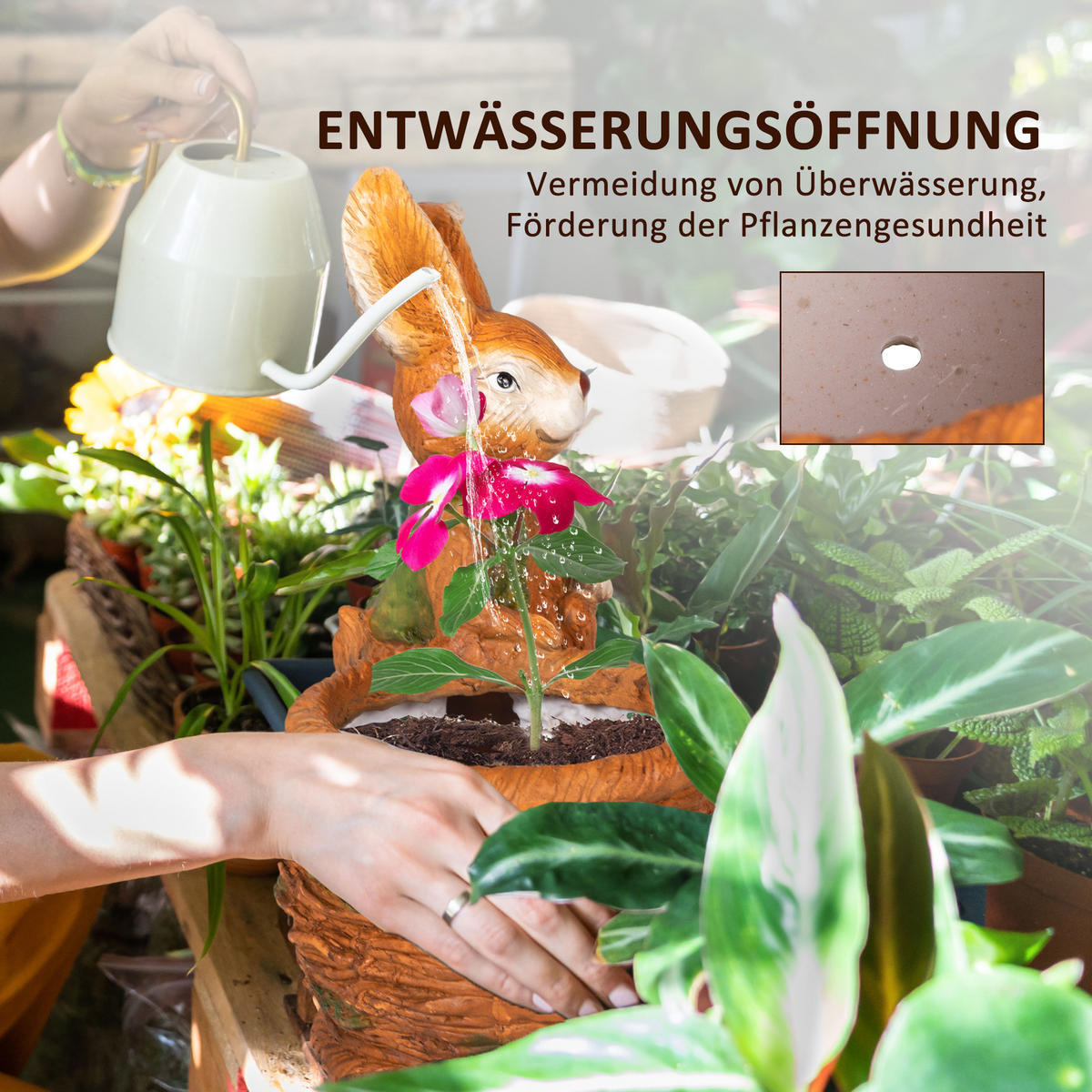 BLUMENTOPF, mit "Hase mit Weidenkorb" Design, für Garten, Wohnzimmer, MgO - Braun, Kunststoff (50cm) - Outsunny