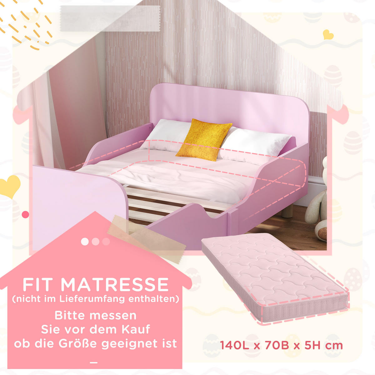 KINDERBETT mit Rausfallschutz, Lattenrost, 140 x 70 cm Jugendbett aus Holz - Naturfarben/Rosa, Holzwerkstoff (70/140cm) - AIYAPLAY