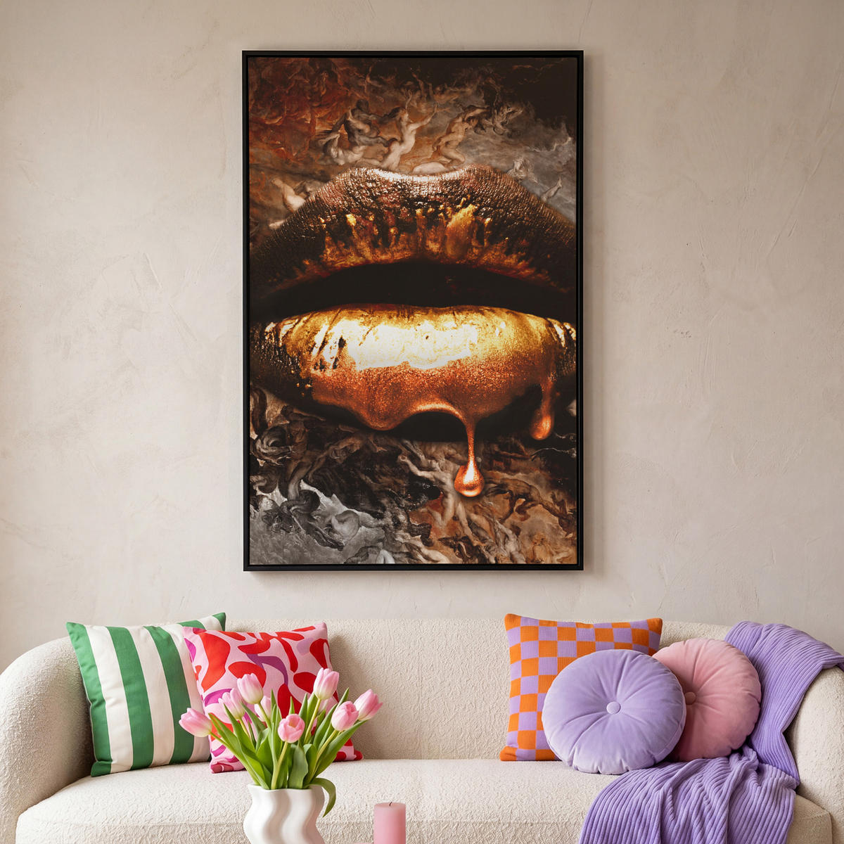 LEINWAND Bilder mit Rahmen - Gold - Lippen - Kunst - Gold - Luxus - Abstrakt - 80x120 - Kupferfarben, Textil (80/120cm) - MuchoWow