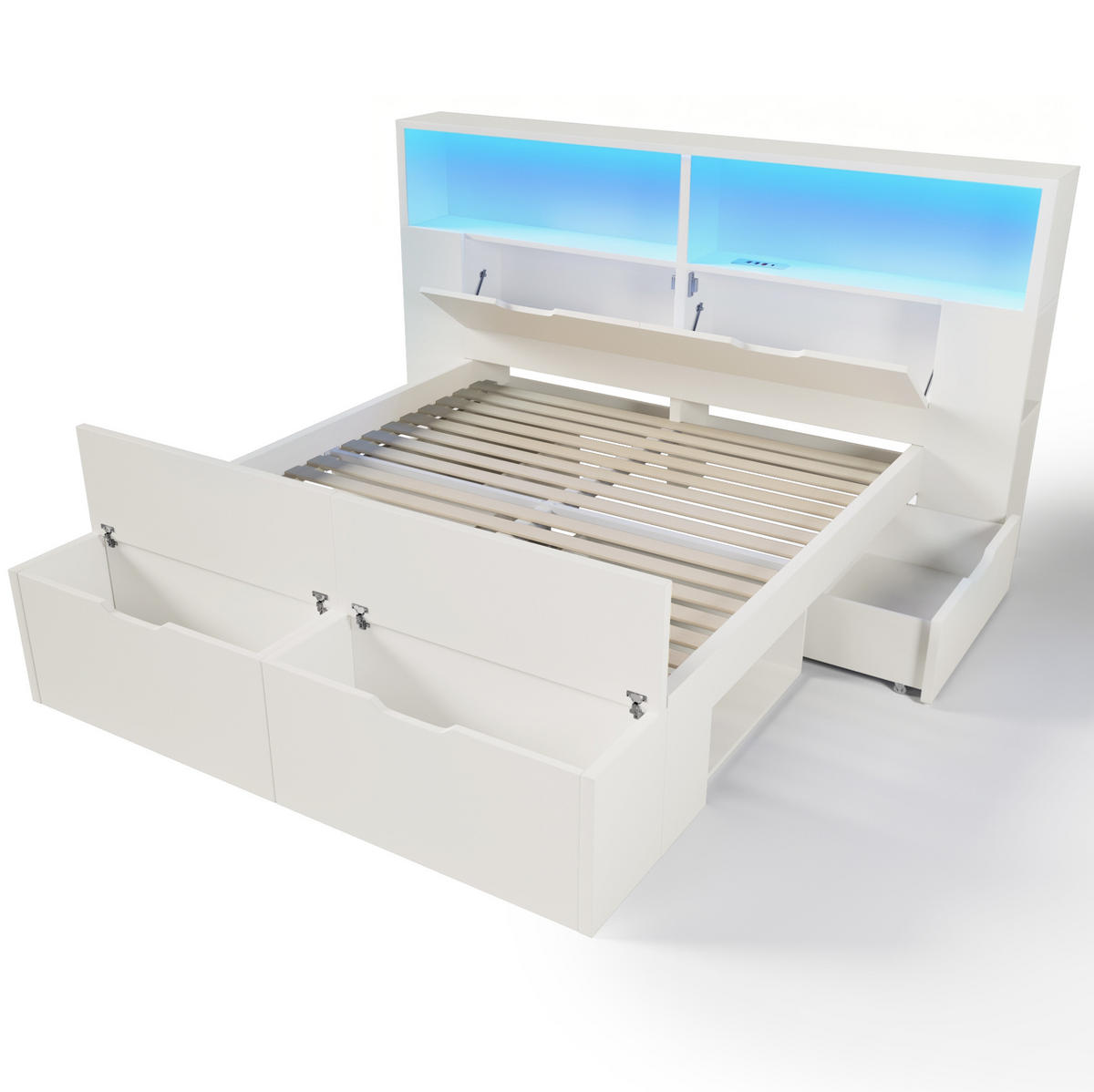 BETT 140/200 cm in Weiß – inkl. Lattenrost, Stauraum, LED und USB - Weiß, Holzwerkstoff (140/200cm) - BEAOK