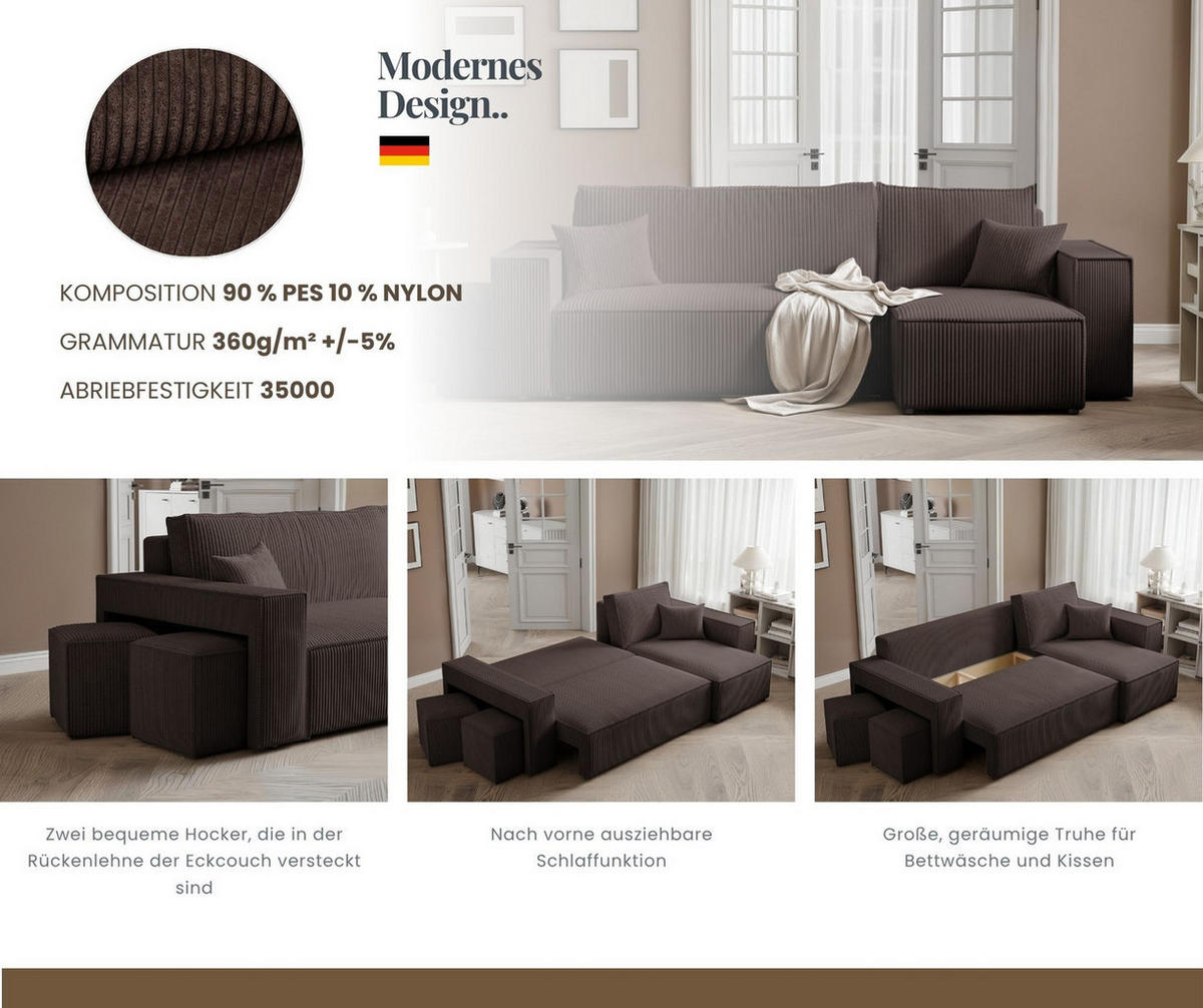 ECKSOFA PARIS mit Schlaffunktion und Bettkasten Braun - Braun, Holzwerkstoff/Kunststoff (262/145cm) - Idohome