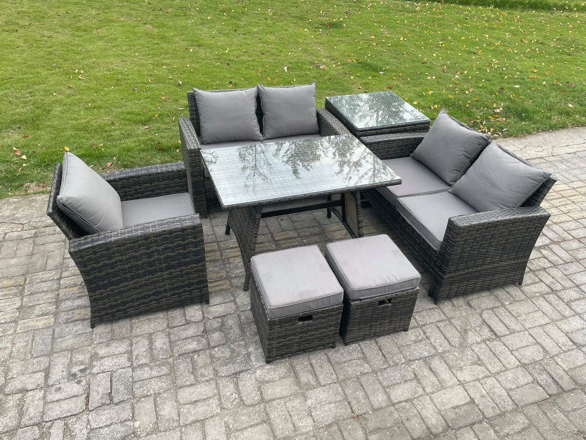 GARTENMÖBELSET mit ESSTISCH,HOCHLEHNER-SOFA Polyrattan Dunkelgrauer Mix 7-Sitzer - Dunkelgrau/Grau, Glas/Kunststoff - Fimous