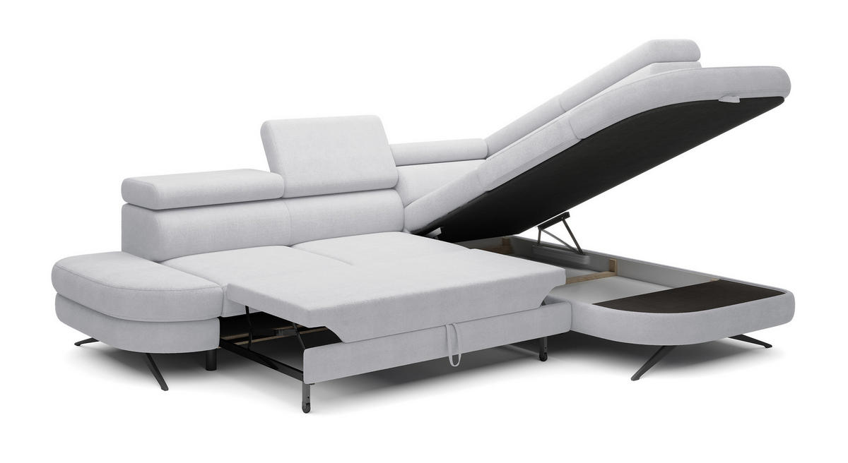 ECKSOFA OTIS L-förm, Schlaffunktion, verstellbare Kopfstützen, in AURORA-Stoff, lose Rückenkissen, freistehend, RECHTS 276x218x97 cm Stainless colour - Edelstahlfarben, Holz/Textil (276/218cm) - DomoHome