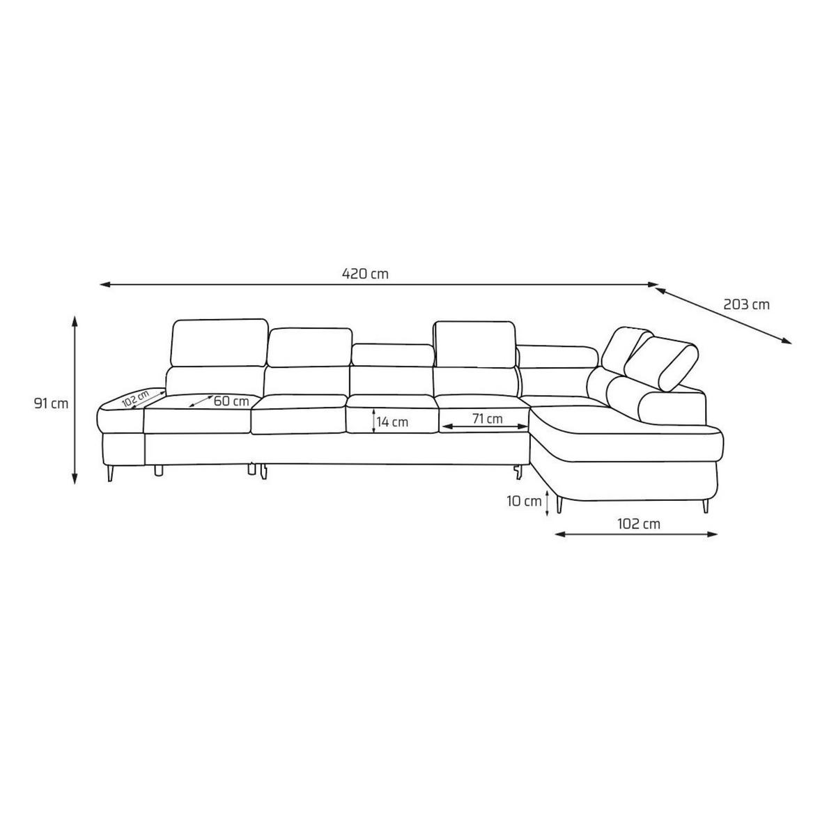 ECKSOFA PRIAM XXL L-Form Rechts mit Schlaffunktion 125x265 Velours Hellgrau - Hellgrau/Schwarz, Holz/Textil (420/203cm) - Muffo