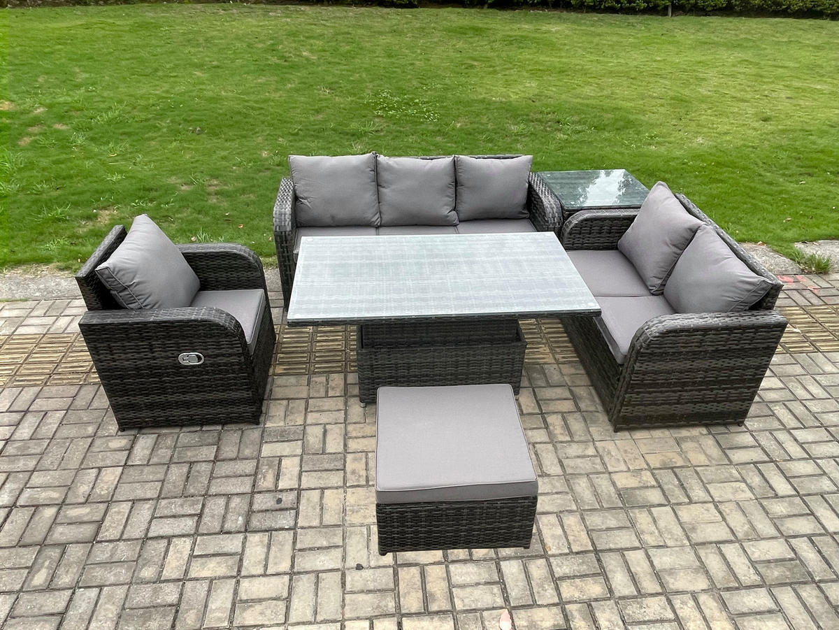 GARTENMÖBEL SET mit Höhenverstellbarer Esstisch 3-Sitzer Sofa, Stuhl 6-Sitzer Grau - Dunkelgrau/Grau, Glas/Kunststoff - Fimous