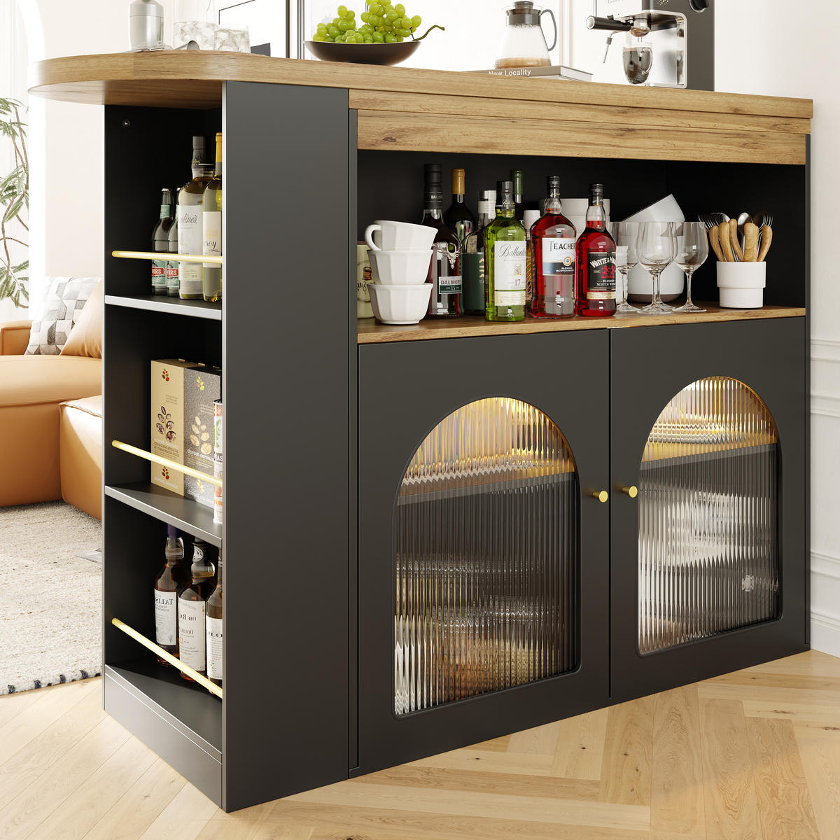 BARTISCH 360° Drehbar 138-193cm LED Stauraum Schwarz - Schwarz, Holzwerkstoff (39/138/105cm) - FLIEKS