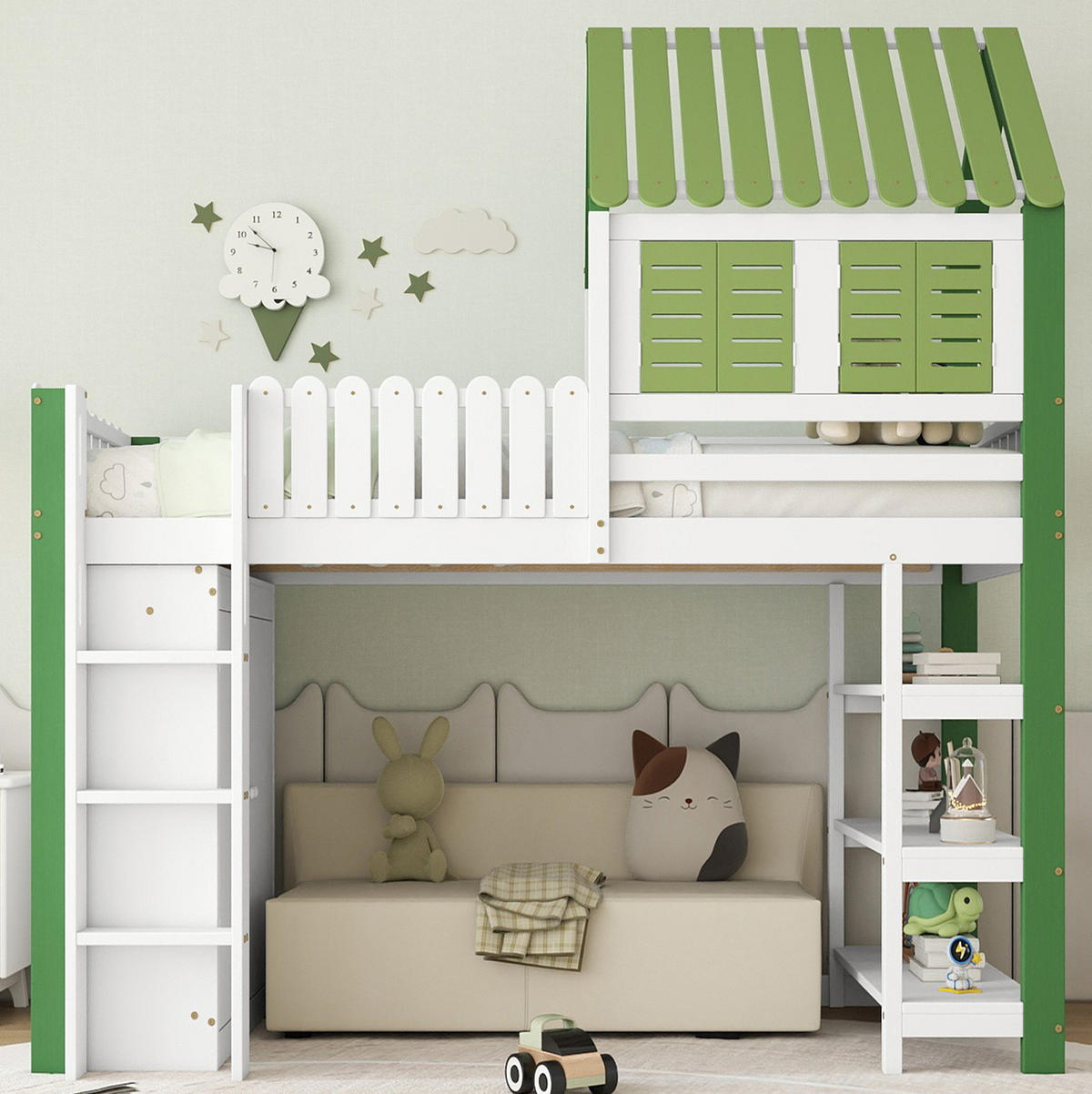 HOCHBETT 90/200 cm aus Kiefer/MDF mit Dach, Fenstern, Kleiderschrank und Regal, Weiß/Grün - Weiß, Holzwerkstoff (90/200cm) - Redom