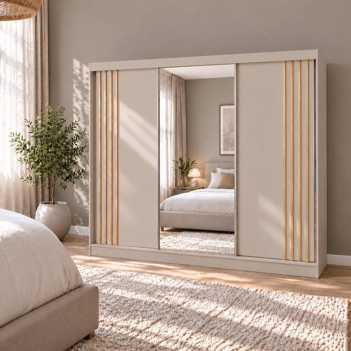 KLEIDERSCHRANK Nila 240 cm Kaschmir Spiegel 4 Schubladen Griffe silber - Kaschmir, Holzwerkstoff (240/216/61cm) - KS Home Concept