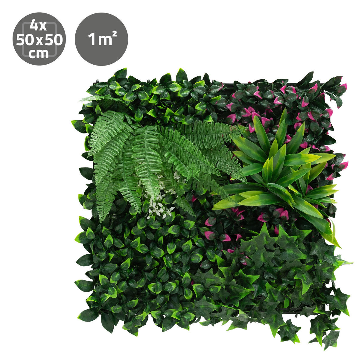 KÜNSTLICHE PFLANZENWAND 4er Set 50x50 cm Kunstpflanzen Wand Innen Aussen Grün Jungle Fern - Waldgrün/Pink, Kunststoff (50/50/10cm) - ECD-Germany