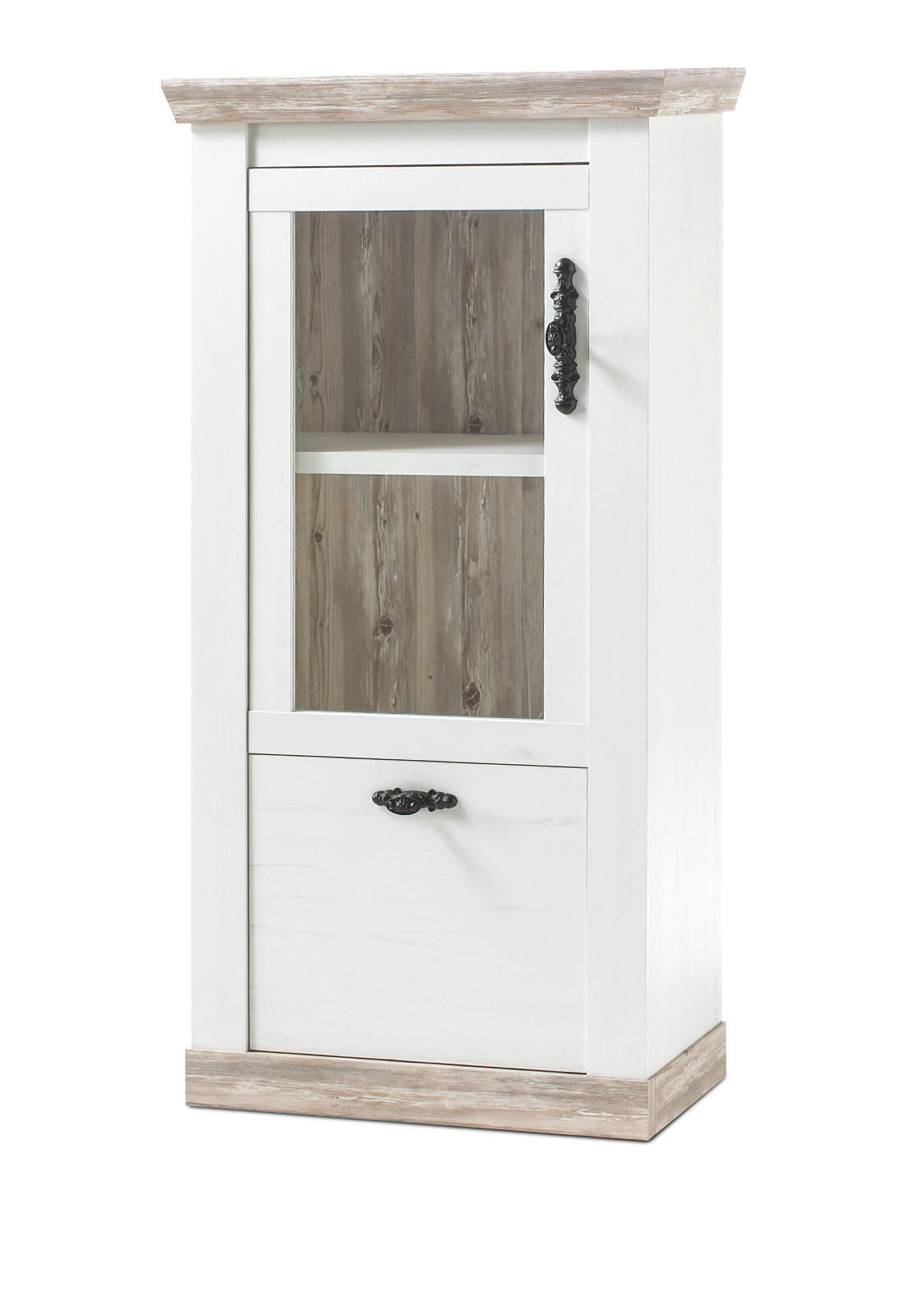 VITRINE Pinie weiß, Oslo Pinie Landhaus, Vitrinenschrank, 71 x 146 cm - Anthrazit/Weiß, Holzwerkstoff/Metall (71/146/37cm) - Furn.Design