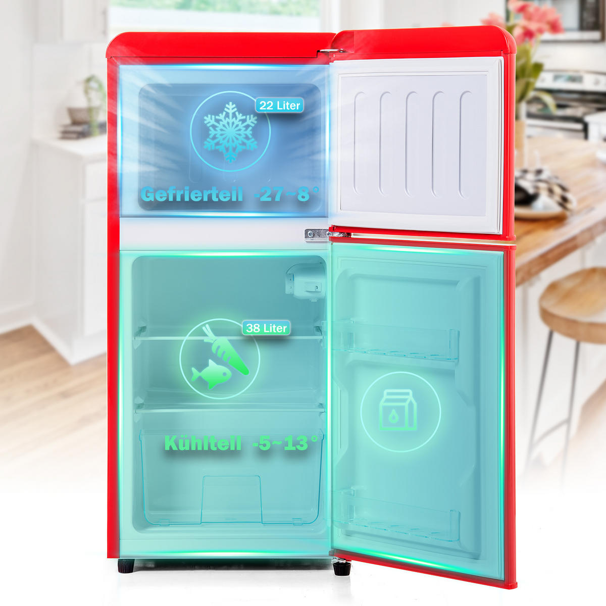 KUHLSCHRANK 45.5/42/88.8 cm Rot 60L mit LED-Licht, Energieklasse E - Rot, Metall (45.5/88.8/42cm) - Oxeza