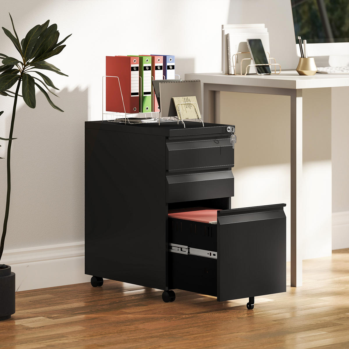 ROLLCONTAINER mit 3 Schubladen mobiler Aktenschrank mit Rollen abschließbar - Schwarz, Metall (30/60/43.5cm) - Vinsetto