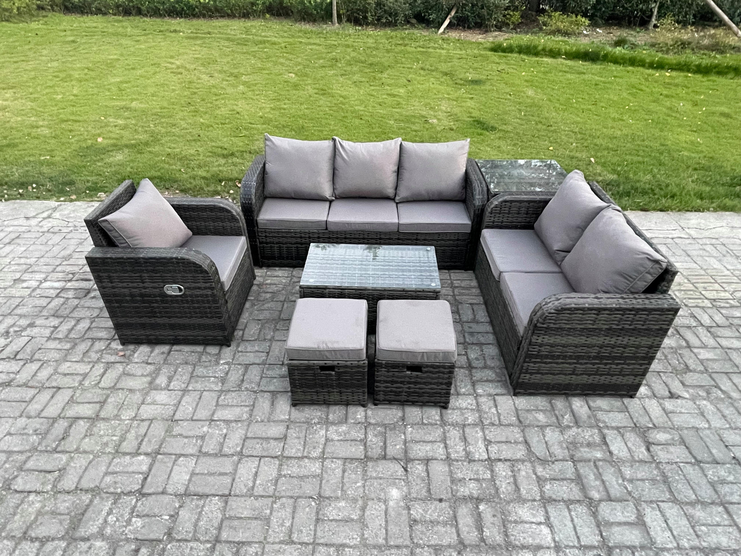 GARTENSET Polyrattan Dunkelgrau 8-Sitzer - Dunkelgrau/Grau, Glas/Kunststoff - Fimous