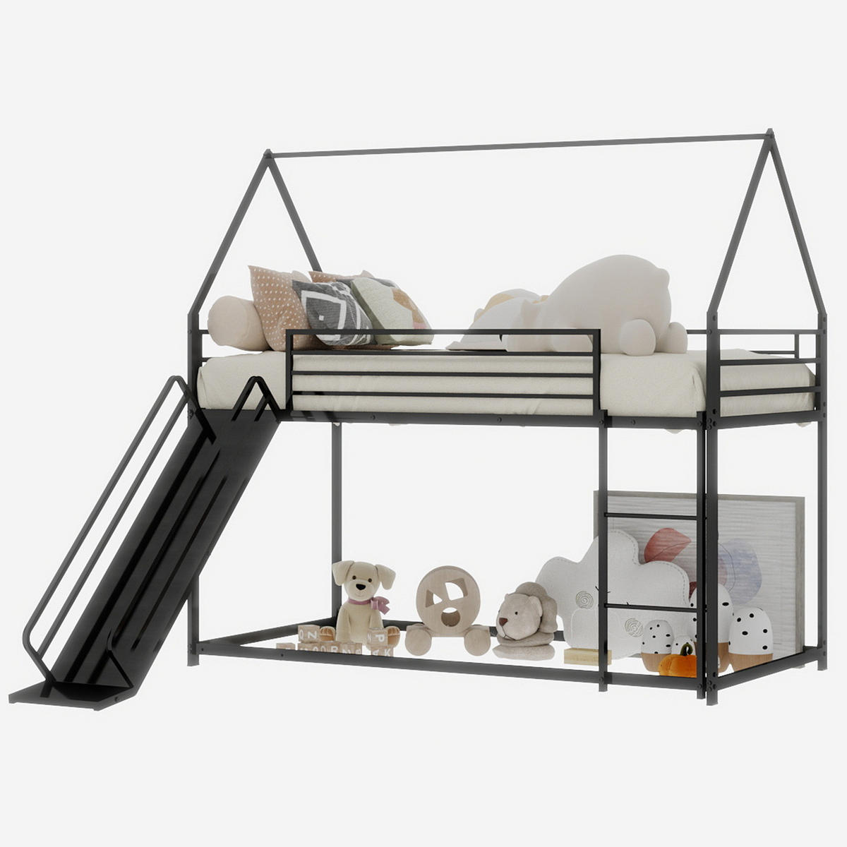ETAGENBETT 180/200 cm schwarz aus Eisen mit Rutsche und Spielhausdesign - Schwarz, Metall (180/200cm) - OKWISH