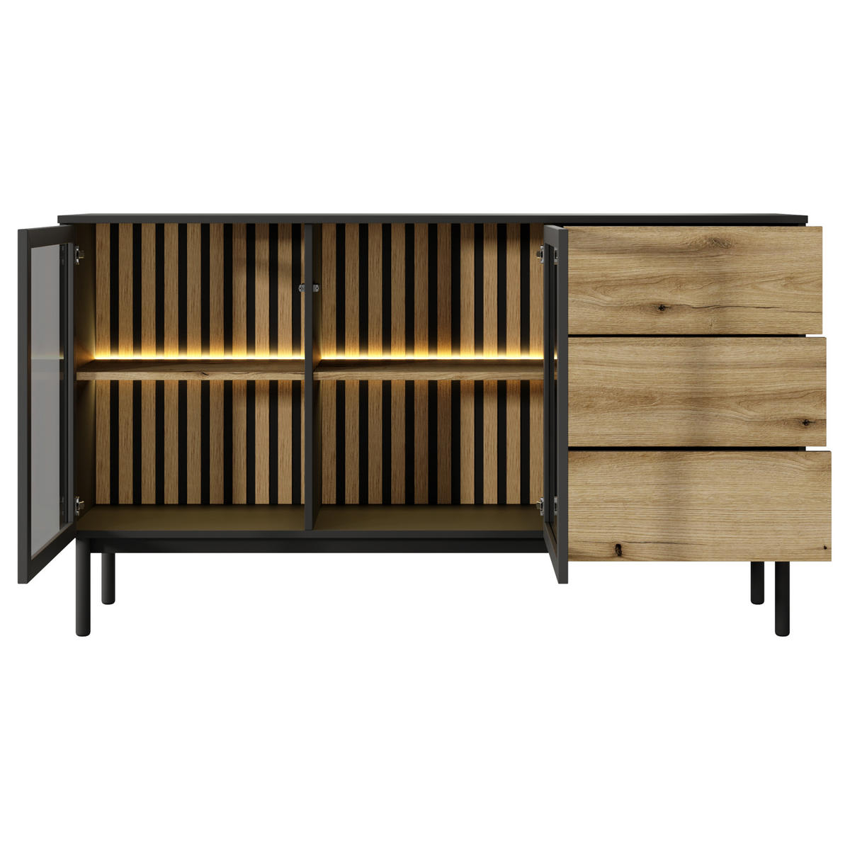 SIDEBOARD LAMBERTI 150/85/40 cm mit 3 Schubladen und 2 Türen Schwarz - Goldfarben/Schwarz, Holzwerkstoff (150/85/40cm) - MASSENO