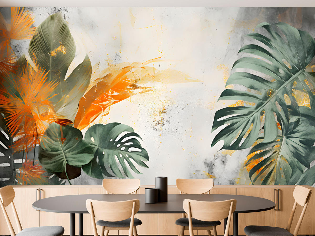 FOTOTAPETE für Schlafzimmer Tropen Monstera Beton Natur Blätter 200x140 - Beige/Orange, Papier (200/140cm) - Muralo