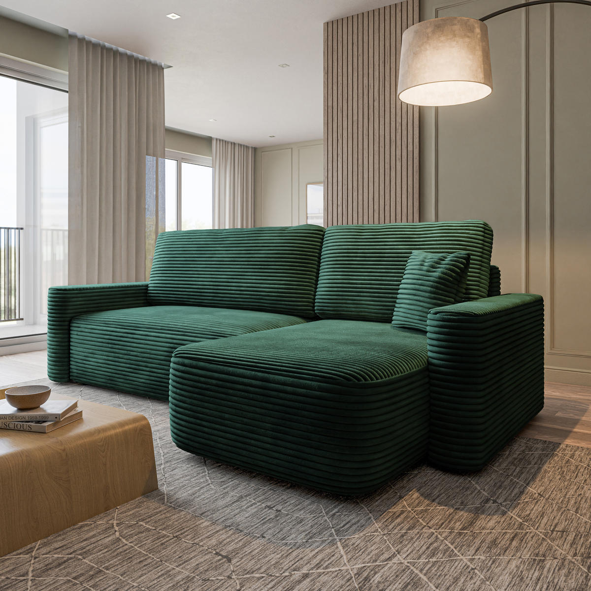 ECKSOFA NERI T Grün Kordstoff mit Schlaffunktion - Grün, Holzwerkstoff/Textil (280/157cm) - MASSENO