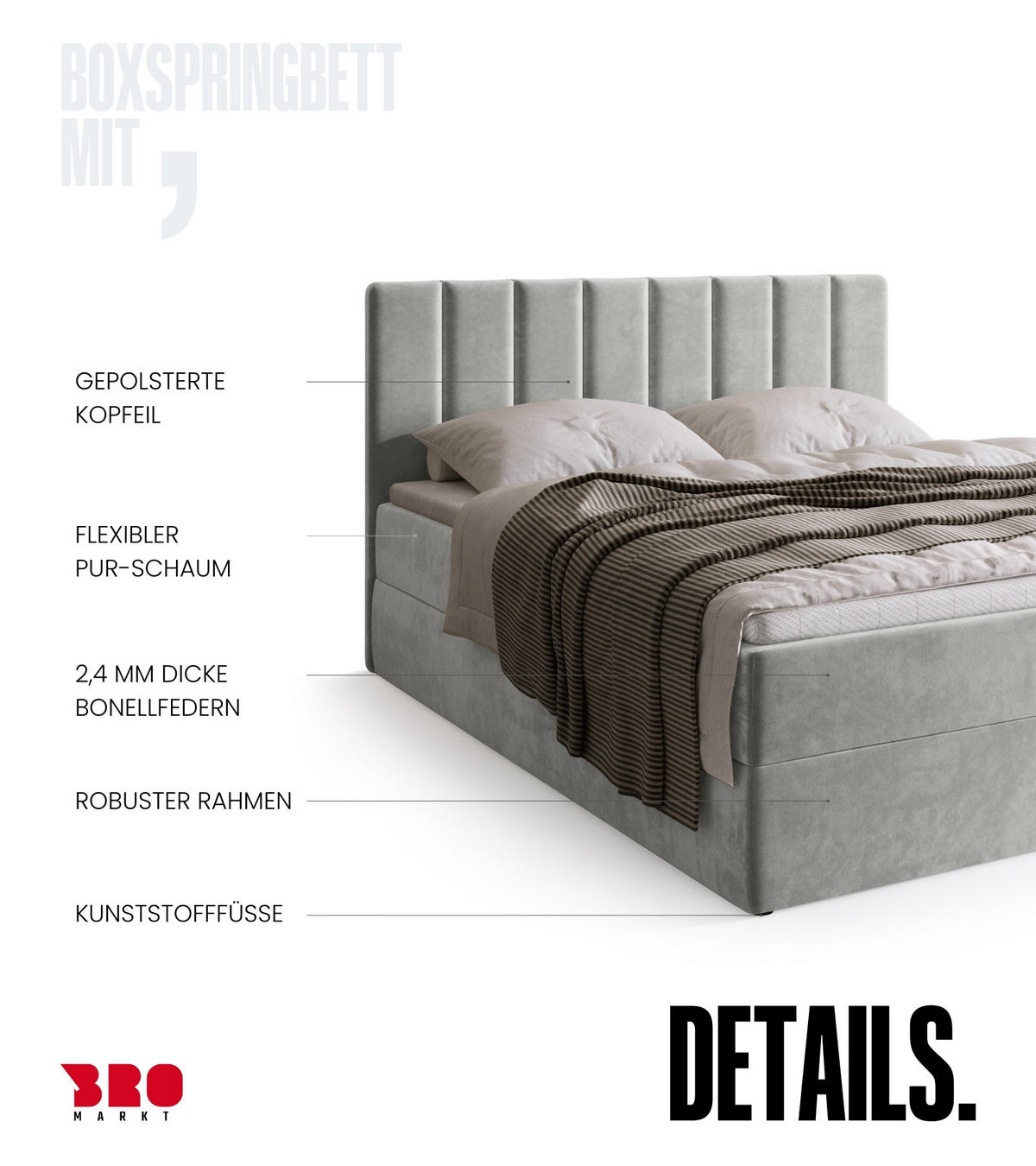 BOXBETT DENVER mit Topper 140x200 Grau - Grau, Textil (140/200cm) - Bromarkt
