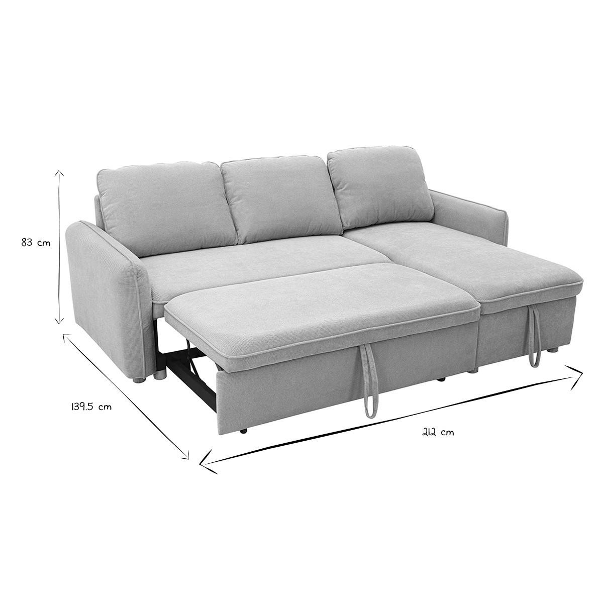 ECKSOFA mit umkehrbarer Schlaffunktion und Stauraum, 3-Sitzer in strukturiertem Samt-Optik Stoff beige und hellem Holz ORSO - Beige, Textil (139.5/83/212cm) - Miliboo
