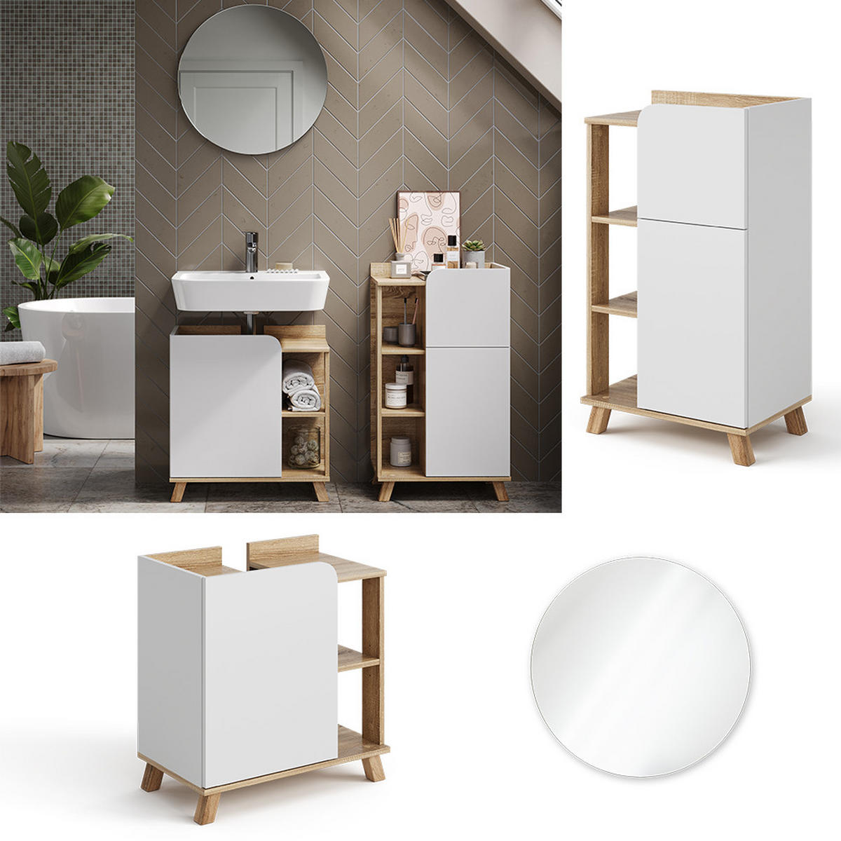 BADMÖBEL-SET Karen Sonoma/Weiß 3 Teile, mit Midischrank - Weiß/Sonoma Eiche, Holzwerkstoff (60/65/35cm) - Vicco
