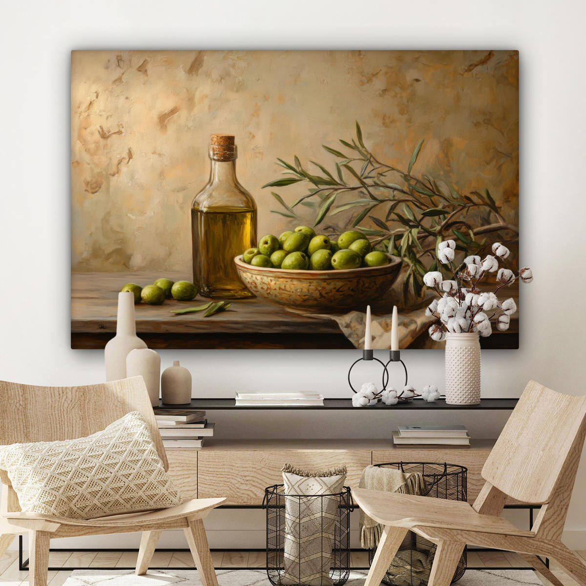 LEINWANDBILD Oliven - Stilleben - Vintage Wohnzimmer Groß 120x80 cm - Olivgrün, Textil (120/80cm) - MuchoWow