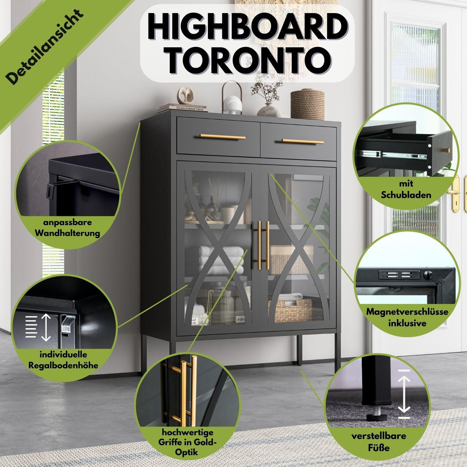 HIGHBOARD TORONTO Metall Schwarz Türen und Schubladen 80/35/110 cm - Schwarz, Metall (35/110/80cm) - Mein-Regal